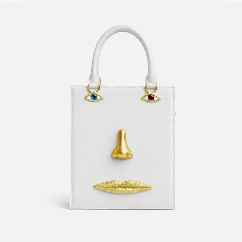 Face Art Leather Handbag – Gold-Tone Metal Accents