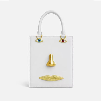 Face Art Leather Handbag – Gold-Tone Metal Accents