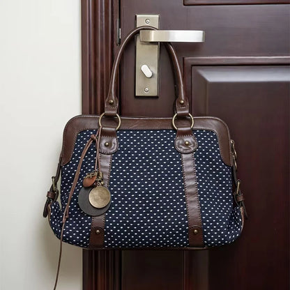 Vintage Polka Dot Tote Bag Women Preppy Style Large Capacity Handbag