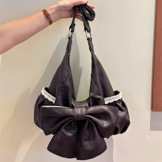 Korean Retro Bow Lace Tote Bag Women Brown Soft Leather Large Capacity
