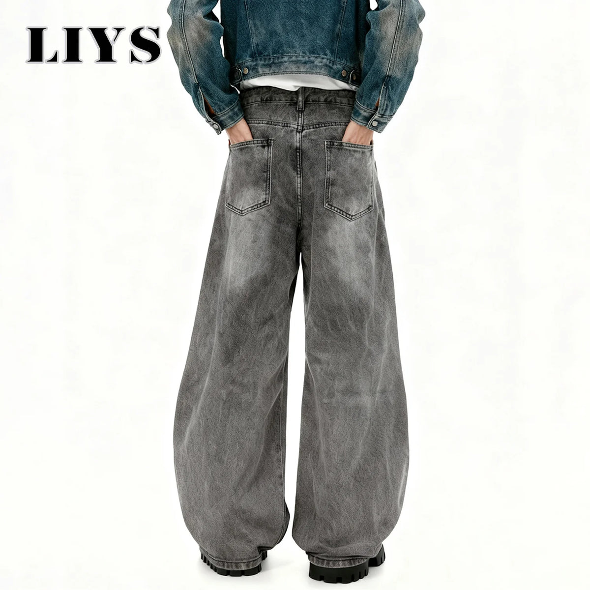 Retro Baggy Wide Leg Gray Washed Jeans – Men's Casual Straight Denim