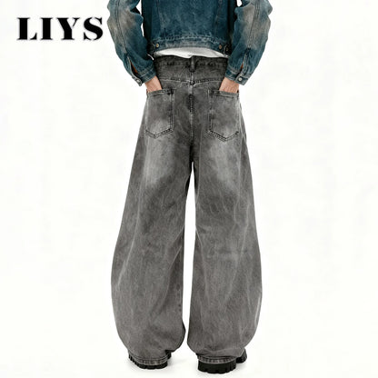 Retro Baggy Wide Leg Gray Washed Jeans – Men's Casual Straight Denim
