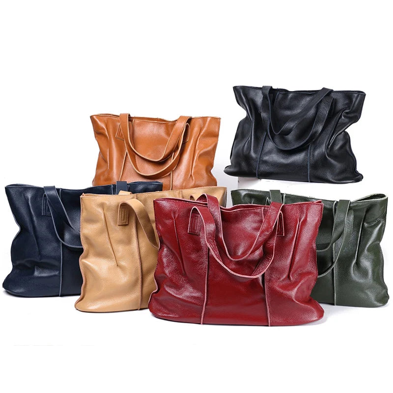 Genuine Leather Women's Large Tote Bag – Soft Cowhide Shoulder Bag