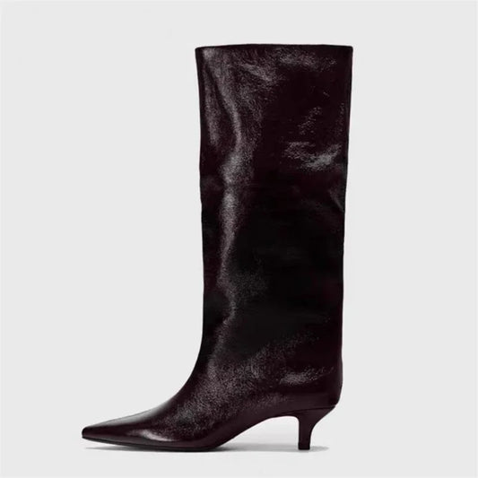 Women's Knee-High Boots – Pointed Toe Kitten Heel Dark Red