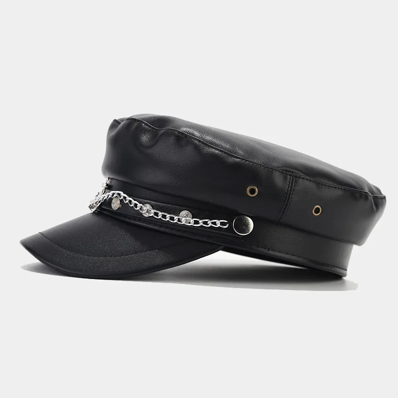 PU Leather Newsboy Cap Vintage Flat Military Hat