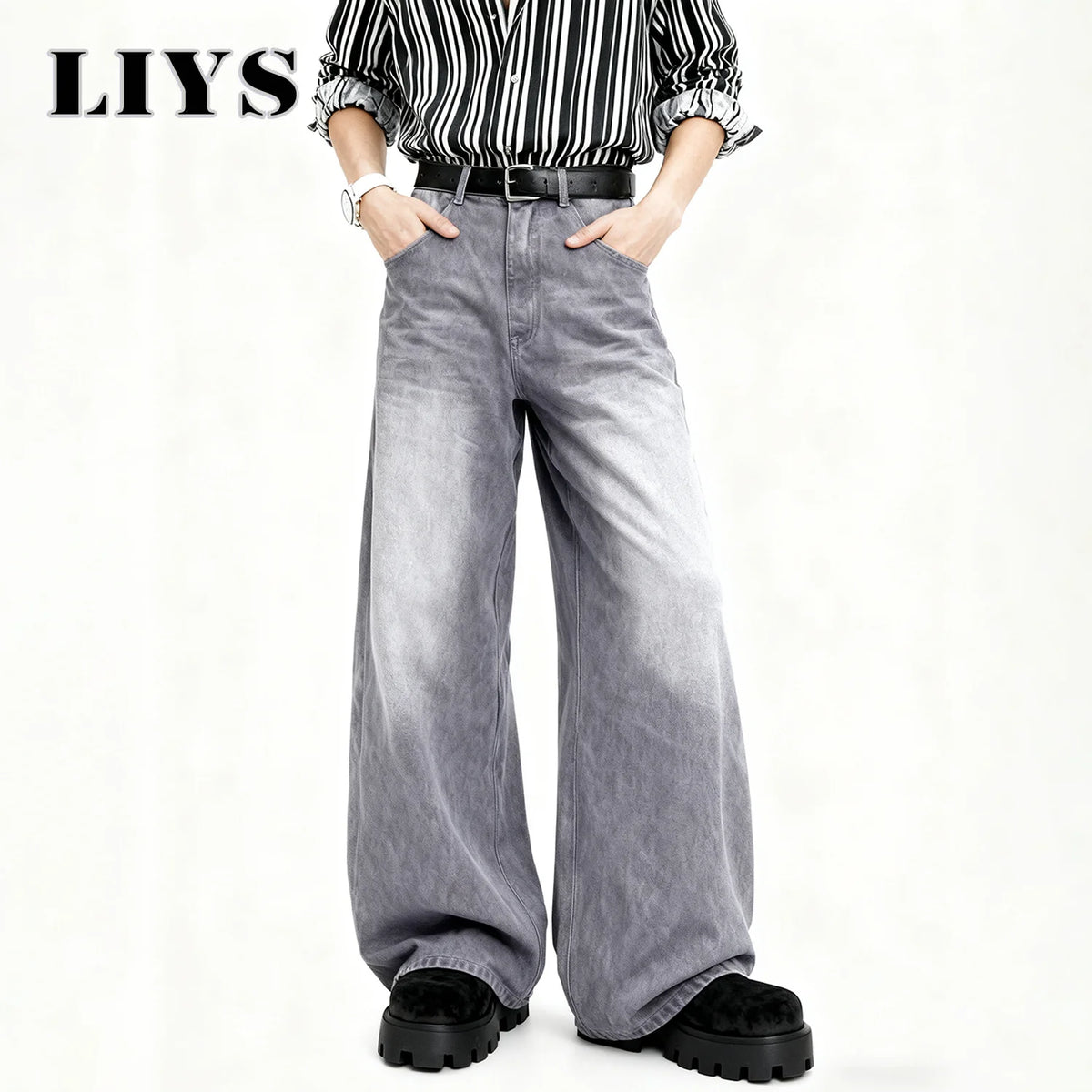 Men's Ultra Baggy Wide Leg Jeans – Washed Grey Retro Denim