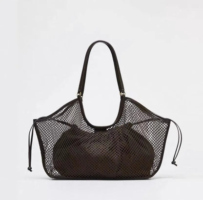 Large Mesh Tote Bag with Leather Trim – Women's Roomy Shoulder Bag