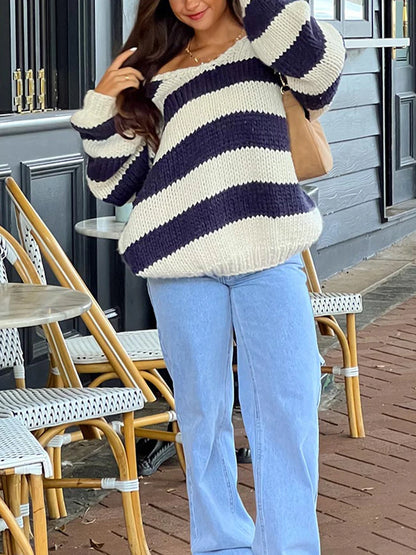 Off Shoulder Striped Knit Sweater – Oversized Y2K Pullover