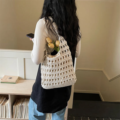 Women's Crochet Hollow Woven Drawstring Shoulder Bag