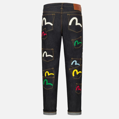 Mens Jeans Print Waist Straight Leg Denim Pants Harajuku Unisex Loose Fit Tapered Casual Streetwear