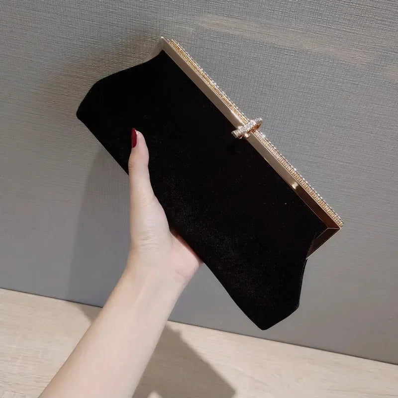 Women Retro Black Velvet Evening Clutch Bag