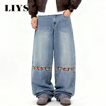 Dachshund Embroidery Baggy Wide-Leg Jeans – Men's Y2K Korean Style