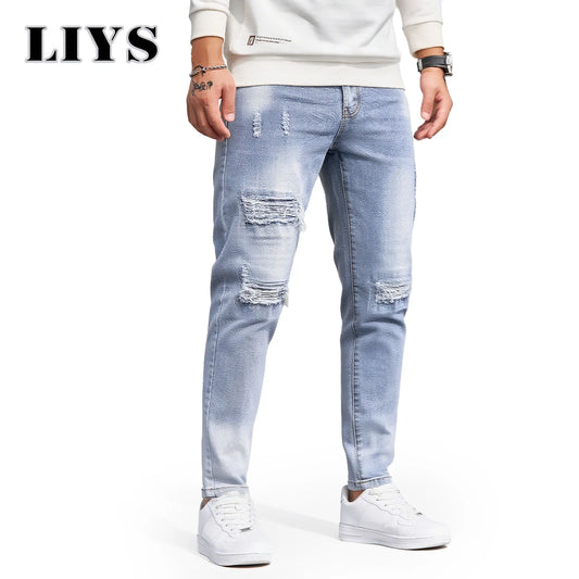 Men S Blue Elastic Skinny Jeans Vintage Hole Washed Solid Color Denim Pants Casual Fashionable