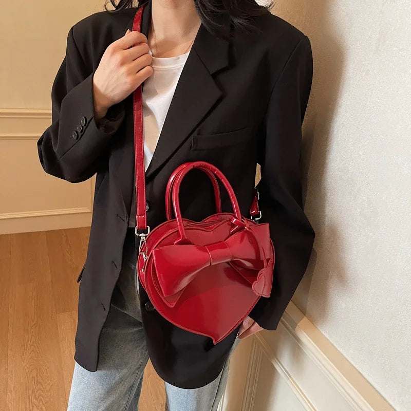Heart-Shaped PU Leather Crossbody Bag for Women – Y2K Bow Shoulder Bag
