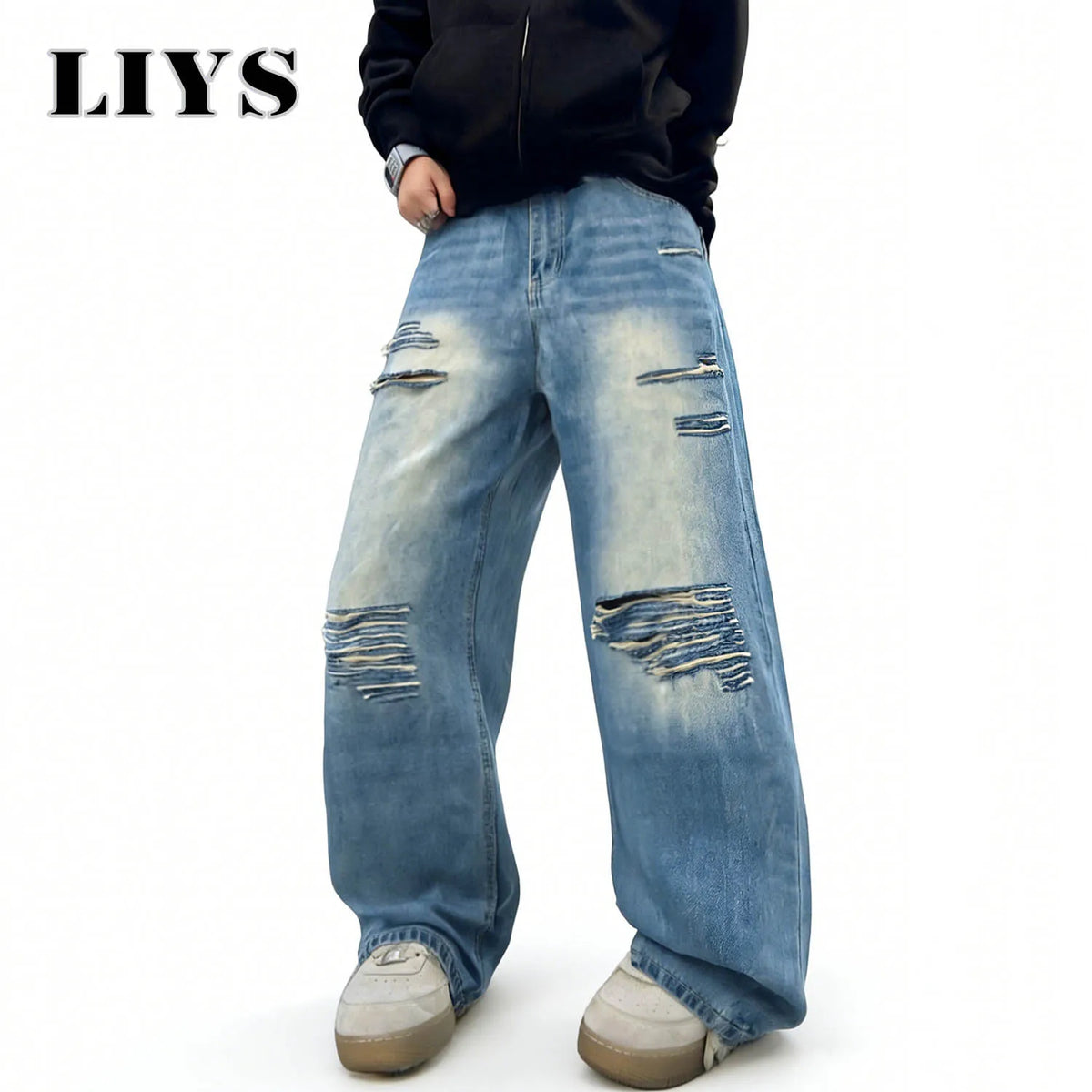 LIYS Baggy Wide Leg Ripped Jeans for Men – Blue Streetwear Denim