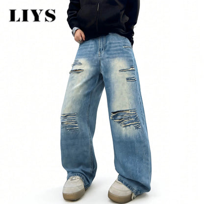 LIYS Baggy Wide Leg Ripped Jeans for Men – Blue Streetwear Denim