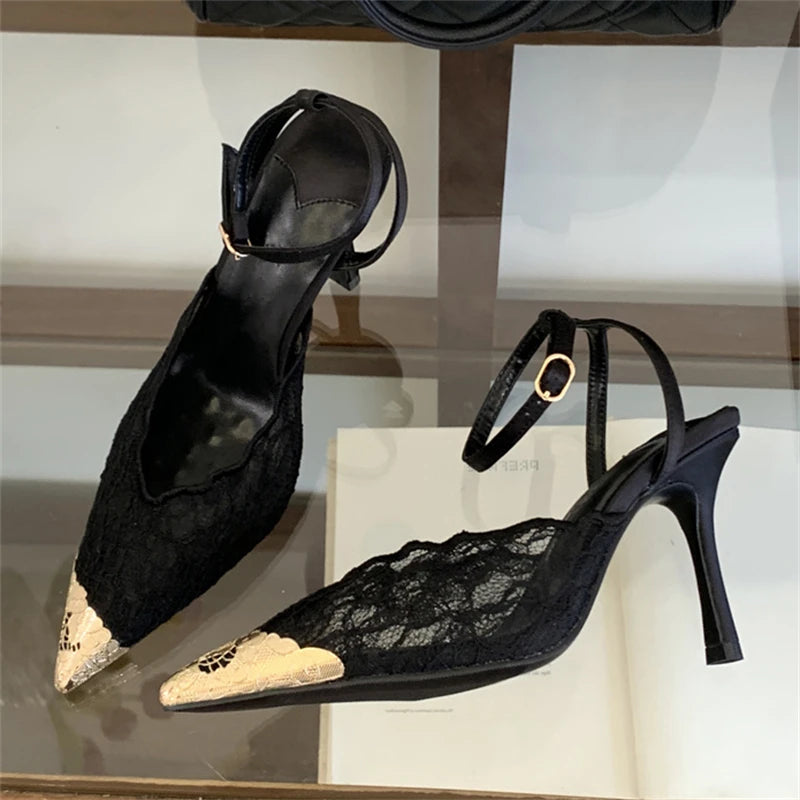 Breathable Mesh Pointed Toe Pumps – Elegant Buckle Strap Heels