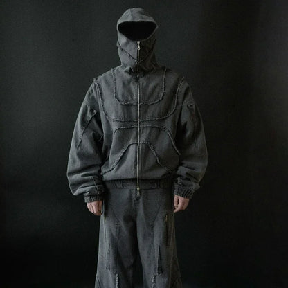 Washed Denim Hooded Jacket Unisex Patchwork Goth Streetwear