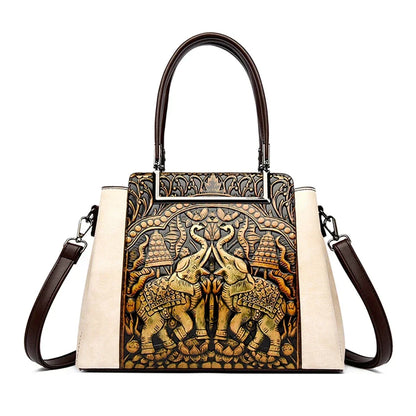 Vintage Embossed Handmade Handbag Women Versatile Pu Leather Shoulder Bag 3 Layers Large Capacity