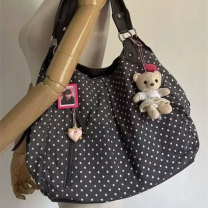 Harajuku Retro Polka Dot Tote Bag Women Black Wrinkle