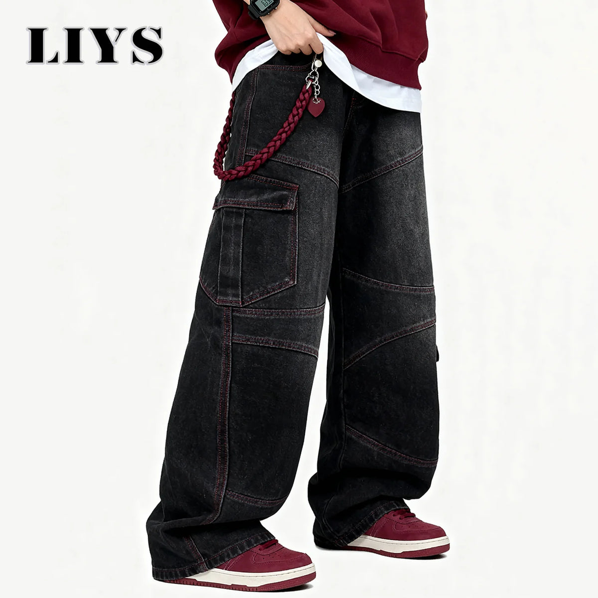 Men S American Street Retro Deconstruction Loose Wide Leg Jeans Unisex Baggy Clothes Multi Pocket