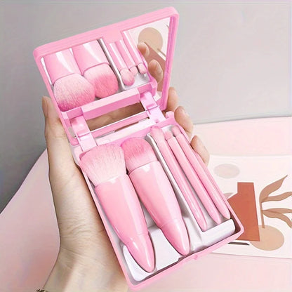 5-Piece Mini Travel Makeup Brush Set with Foldable Mirror