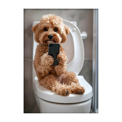Funny Dog Bathroom Poster – Dog Reading Newspaper on Toilet Wall Art