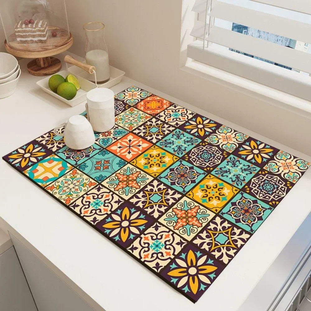 Dish Drying Mat – Boho Vintage Tile Absorbent Non-Slip Kitchen Mat