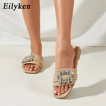 Rhinestone Crystal Woven Flat Slide Sandals – Women's Summer Slippers