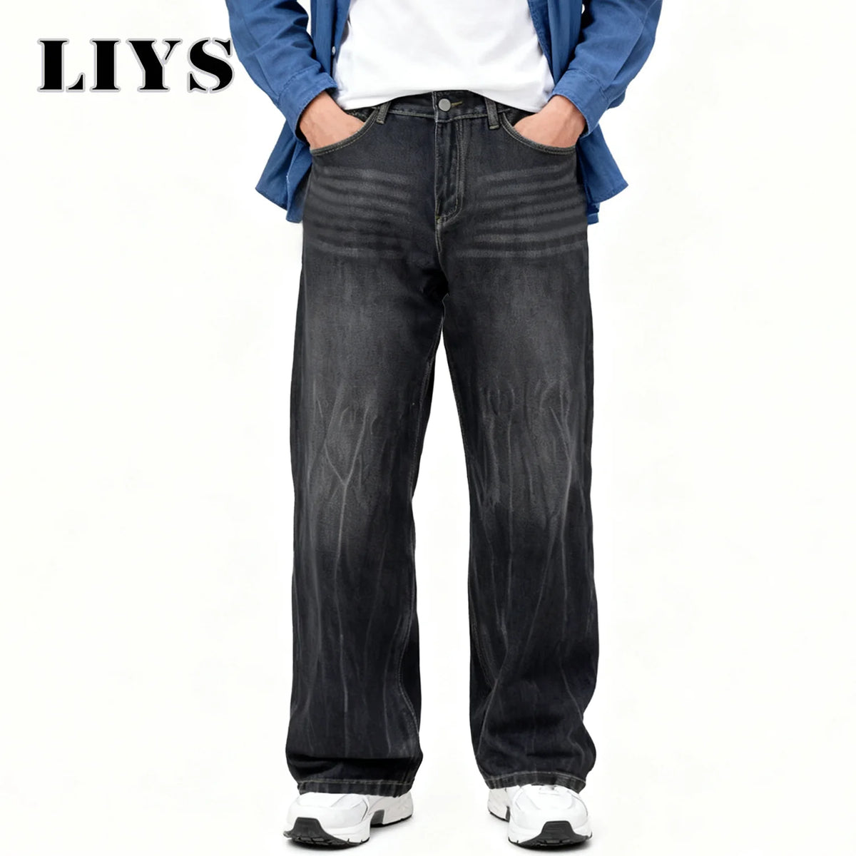 Retro Washed Black Baggy Wide Leg Jeans – Men's Loose Casual Denim Pants