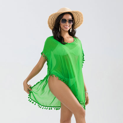 Tassel Trim Beach Cover-Up Dress – Sheer Swimsuit Coverup