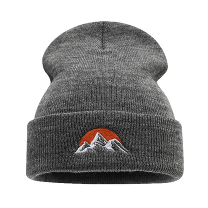 Embroidered Mountain Knit Beanie – Unisex Winter Hat