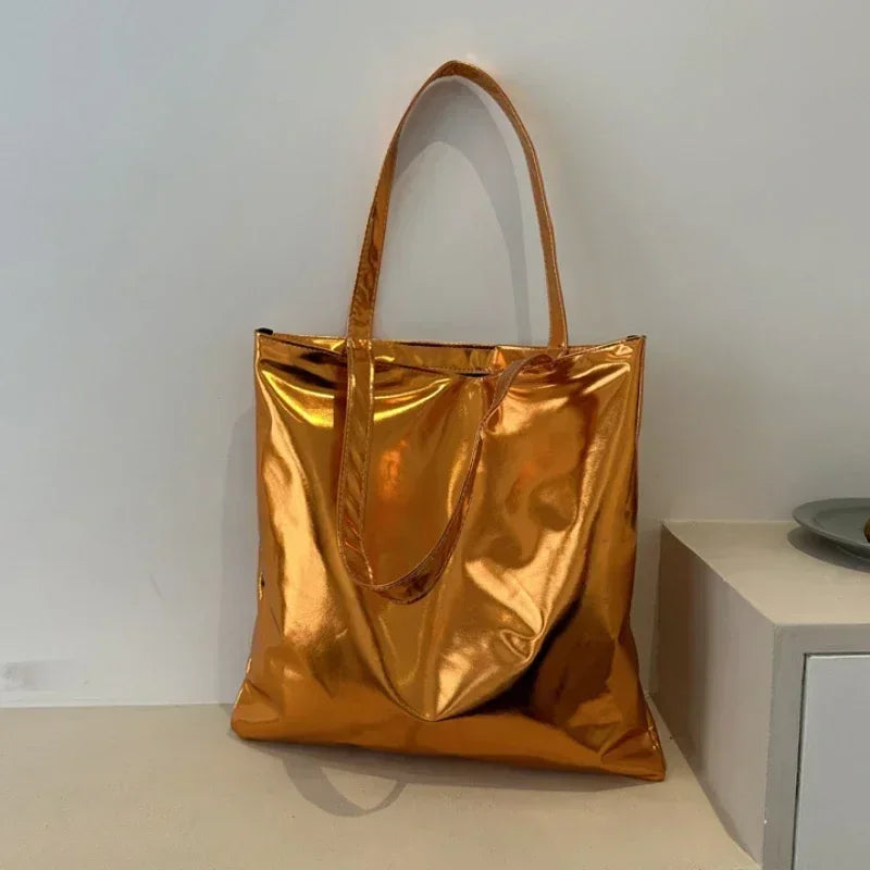 Glossy Tote Bags for Women Fashion High Capacity Shopping Pouch PU Leather Handags