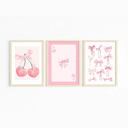 Pink Bow Wall Art Poster Set – Watercolor Cherry & Ace Card Prints