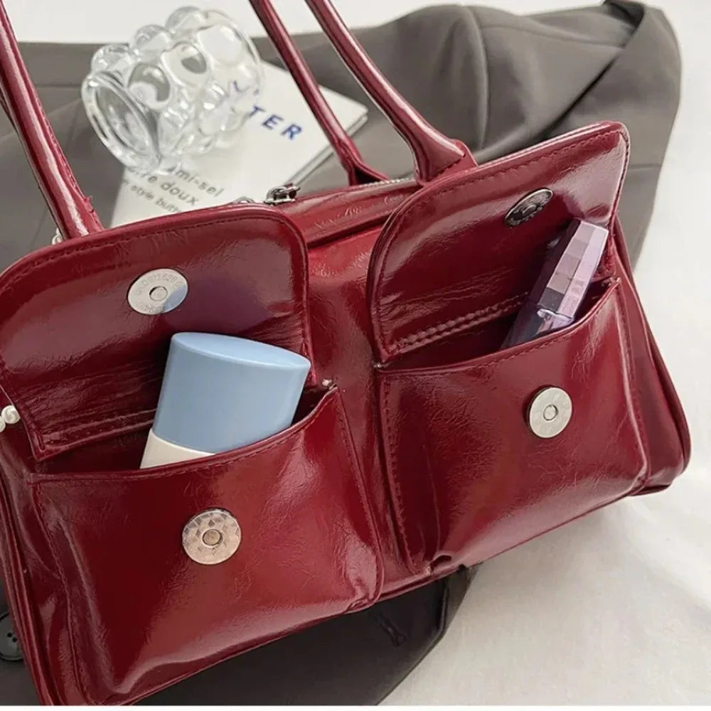 Solid Sewing Thread Fashion Glossy PU Shoulder Bags