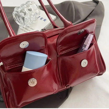 Solid Sewing Thread Fashion Glossy PU Shoulder Bags