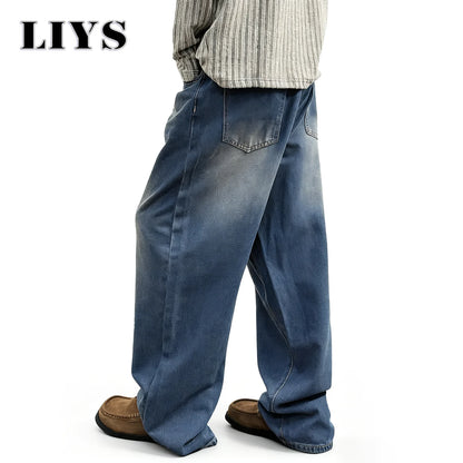 Men's Baggy Jeans – Retro Washed Blue Straight-Leg Denim Pants