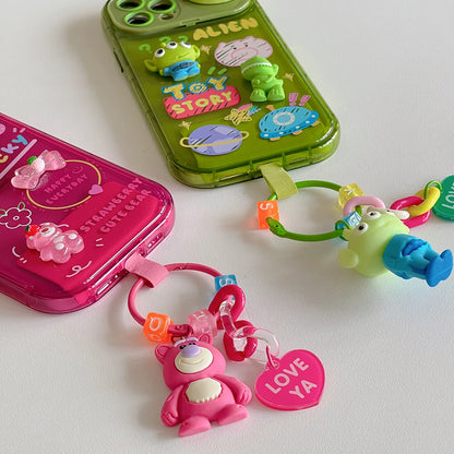 Cute Strawberry Bear iPhone Case with Mirror Stand & Charm Bracelet