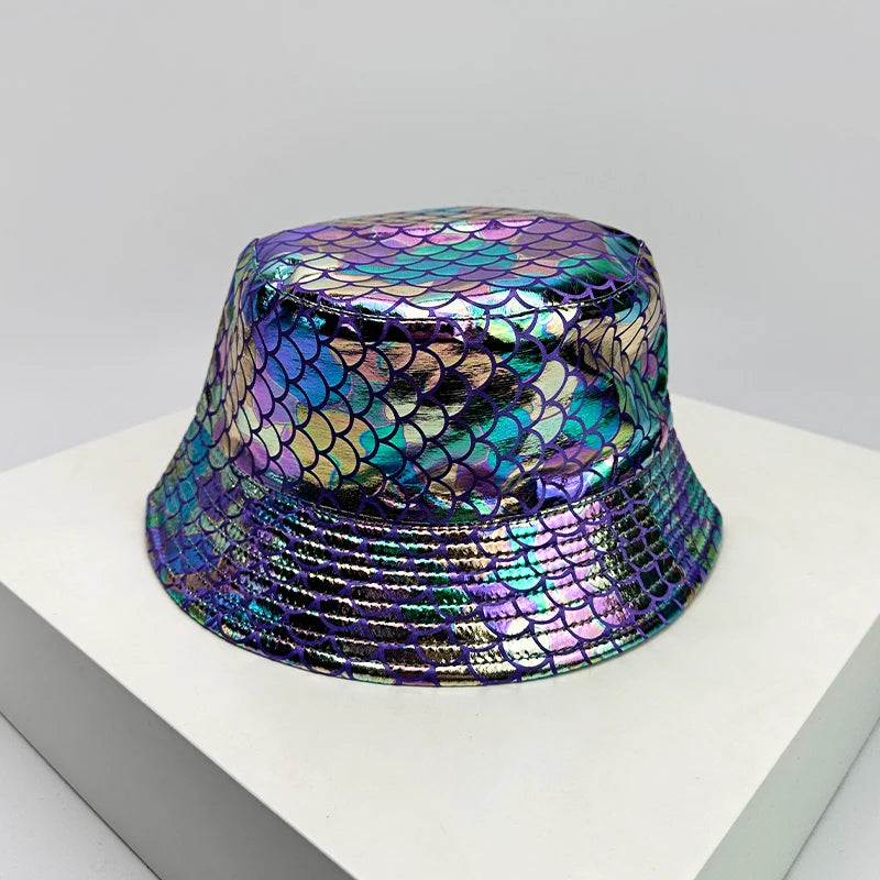 Holographic PU Leather Bucket Hat – Reflective Unisex Fisherman Cap