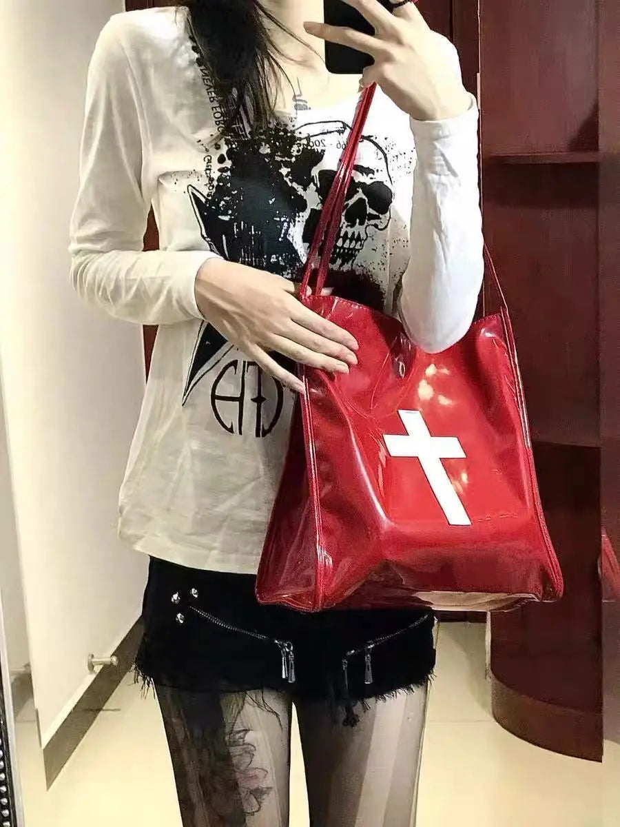 Retro Gothic Cross Y2k Handbag Women Hot Girls PU Leather Large Capacity