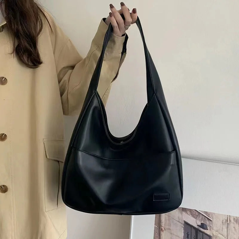 Large Capacity Black Leather Commuter Tote Bag