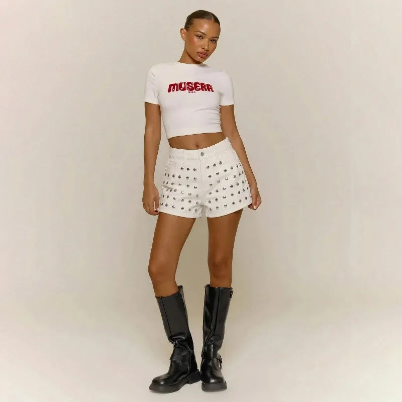 Y2K Rivet Denim Mini Shorts – Low Rise Women's Streetwear