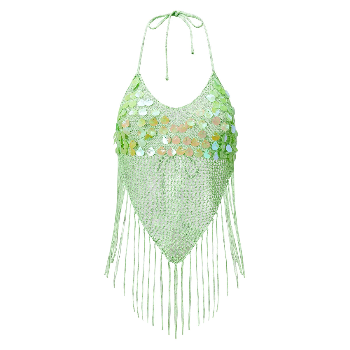 Sequin Fringe Halter Crop Top – Boho Knit Tassel