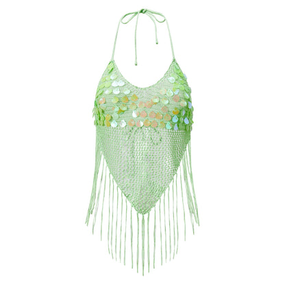 Sequin Fringe Halter Crop Top – Boho Knit Tassel