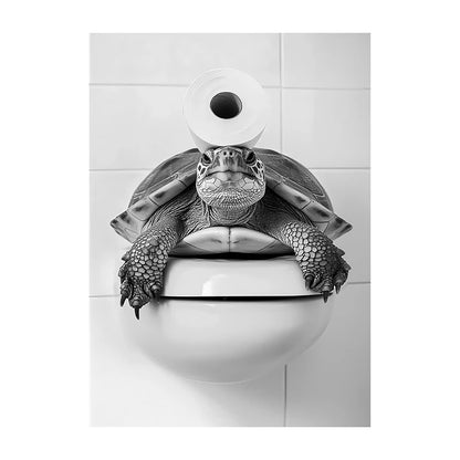 Funny Bathroom Wall Art Poster – Black & White Animal Toilet Paper Print