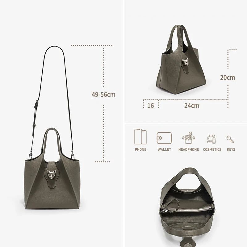 Genuine Leather Tote Handbag with Panther Clasp – Luxury Women's Bag