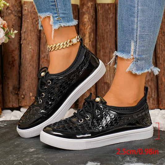 Women's Floral Lace Sneakers – Rhinestone Lace-Up Casual Flat Shoes