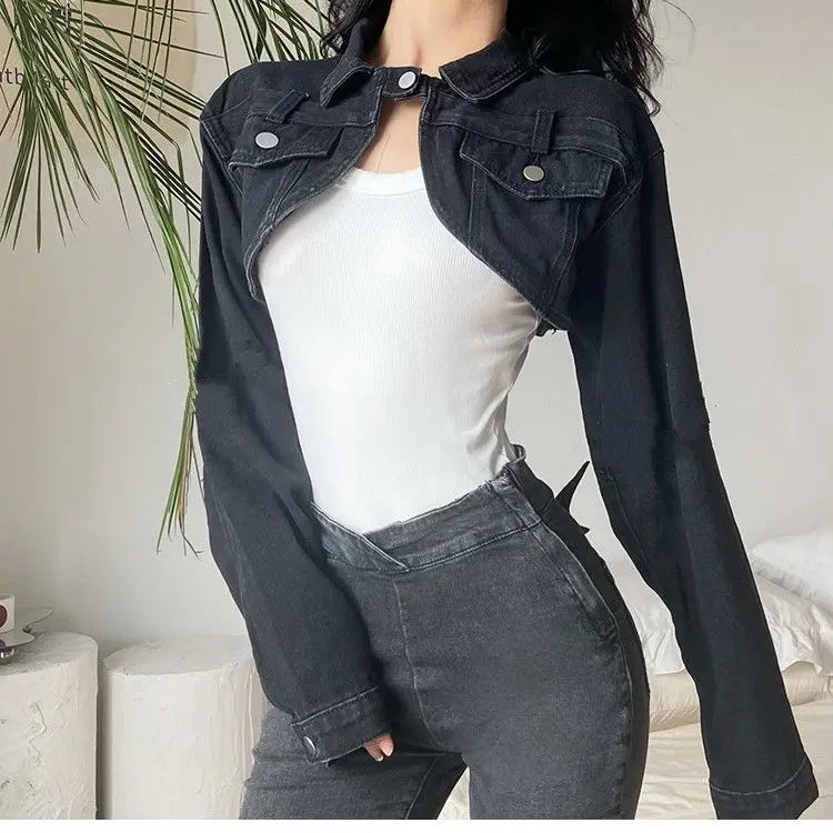Women's Short Denim Jacket – Cropped Waisted Streetwear Cardigan