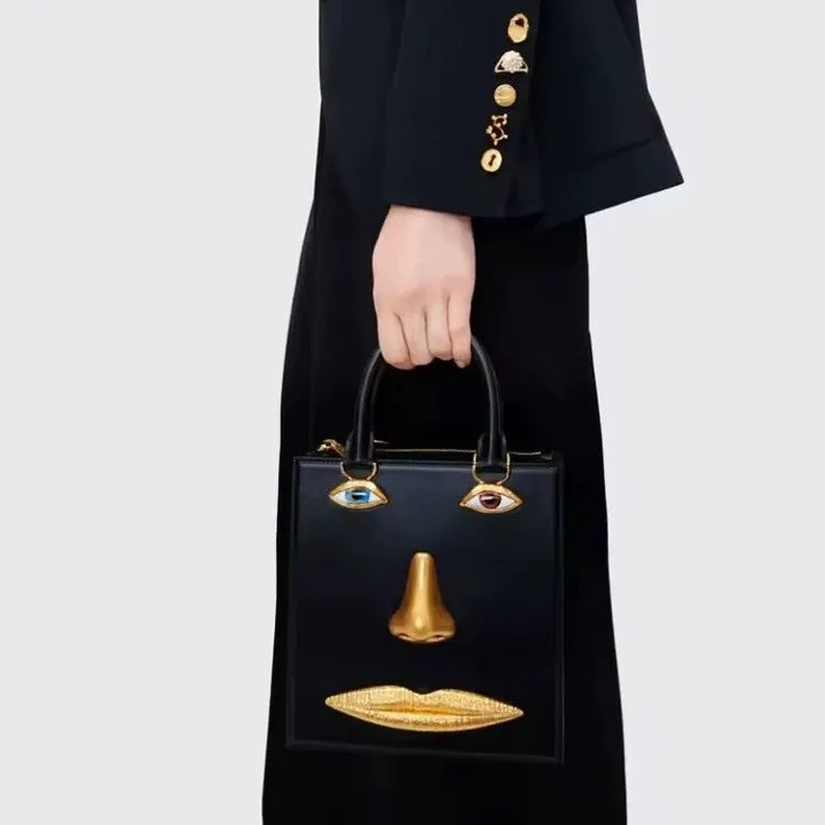 Face Art Leather Handbag – Gold-Tone Metal Accents