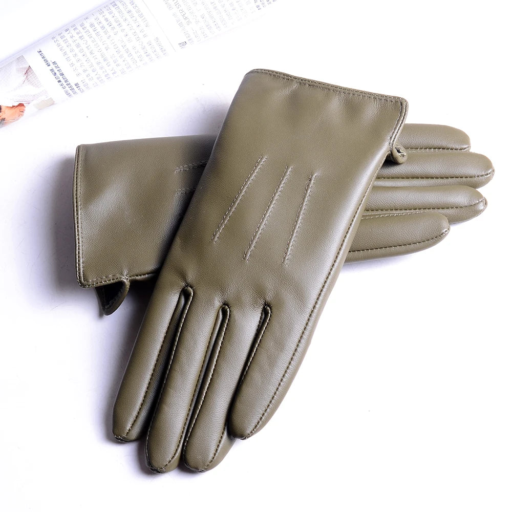 Women's Sheepskin Leather Winter Gloves with Thick Lining